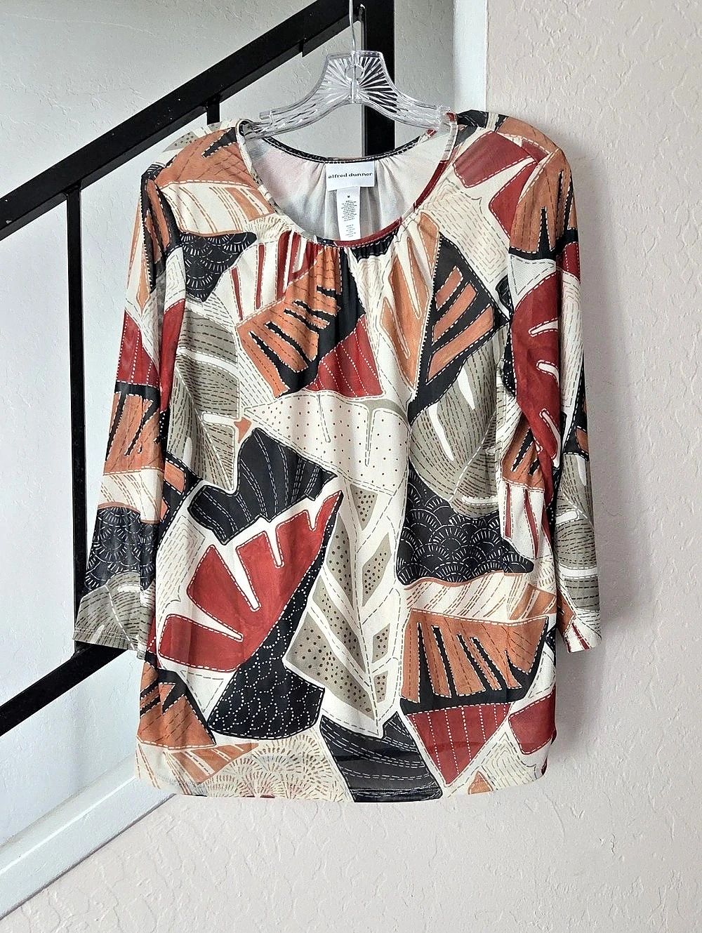 Abstract Leaf Print Mesh Top Blouse Cream/rust/sage/black Medium